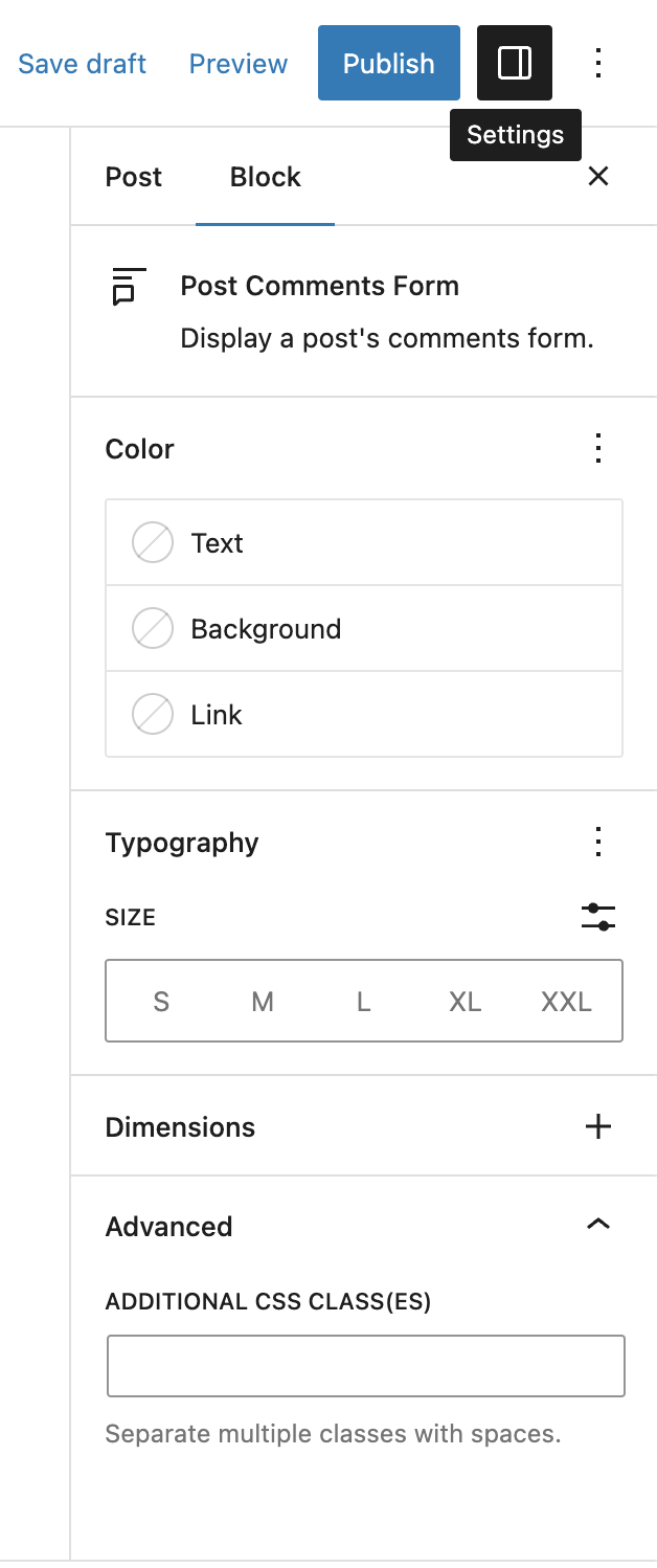 Post Comments Form block settings.