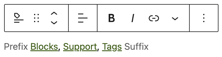 The placeholder texts, Prefix and Suffix, are visible when the Tags block is selected.
