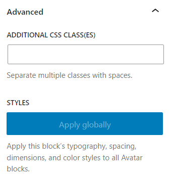 The advanced section on the avatar block's settings panel