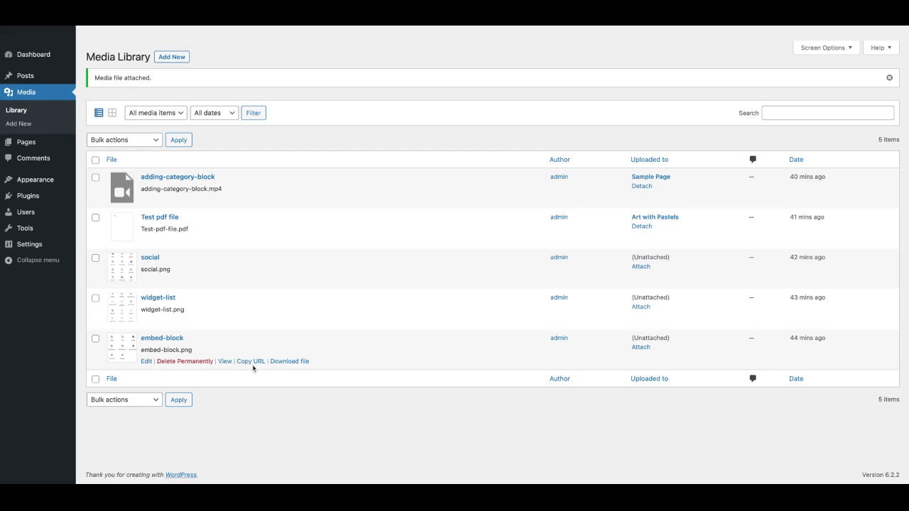 Demonstrates copy URL to clipboard action in media item list view
