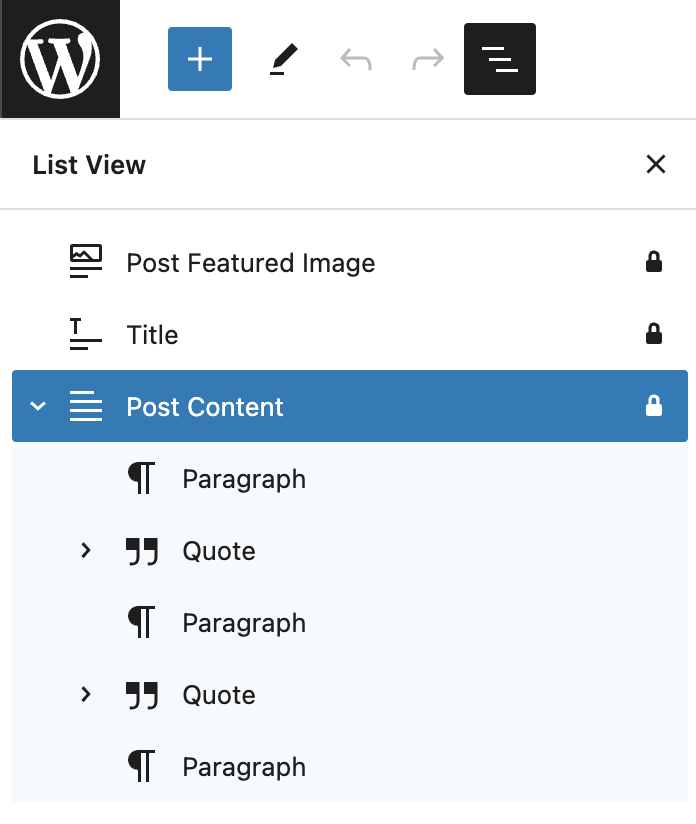 WordPress editor list view showing featured image, title, and post content blocks.