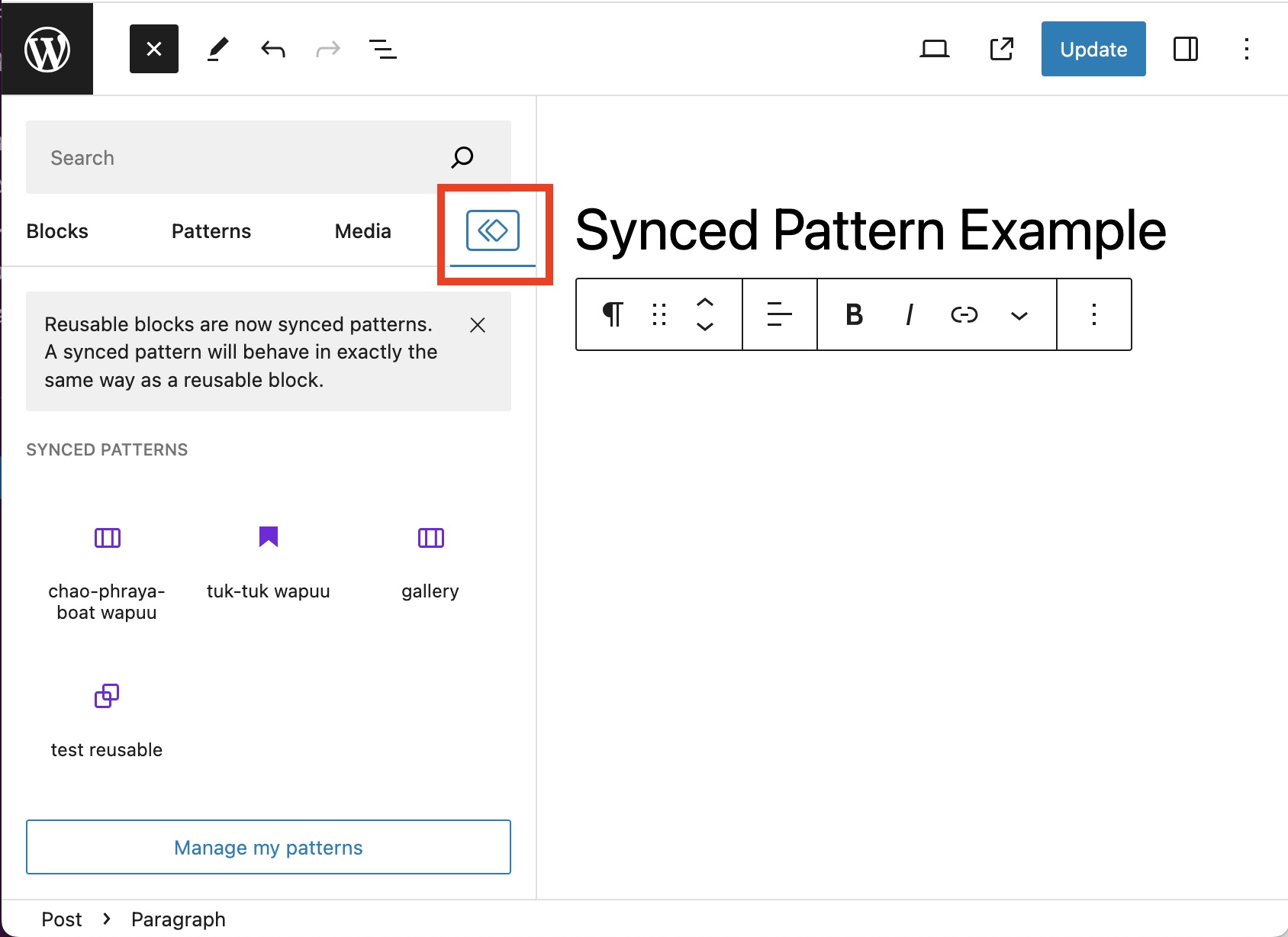 The Block inserter with the "Synced Patterns" icon highlighted.