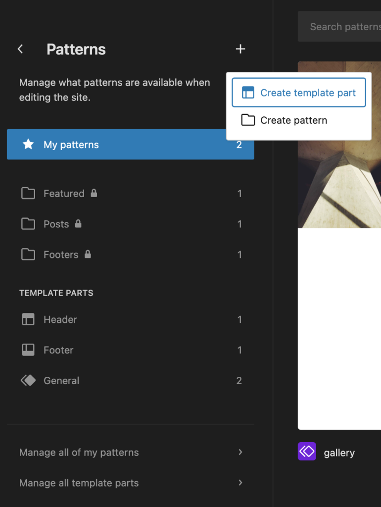 Template part list area also provides an option to create template part.