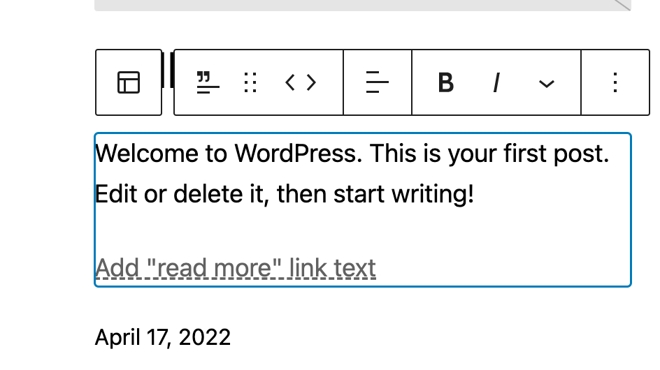 Post excerpt block is added from template using the block inserter.