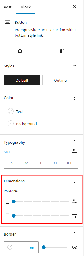 Button Block sidebar & settings, with the dimensions section highlighted.