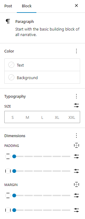 Paragraph Block sidebar & settings, with the dimensions section highlighted.