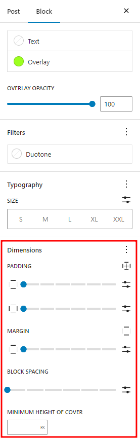 Cover Block sidebar & settings, with the dimensions section highlighted.