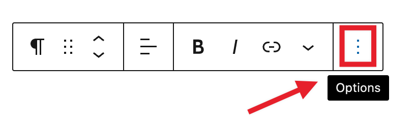 Examples of the location of the "More Options" menu in a Paragraph block.