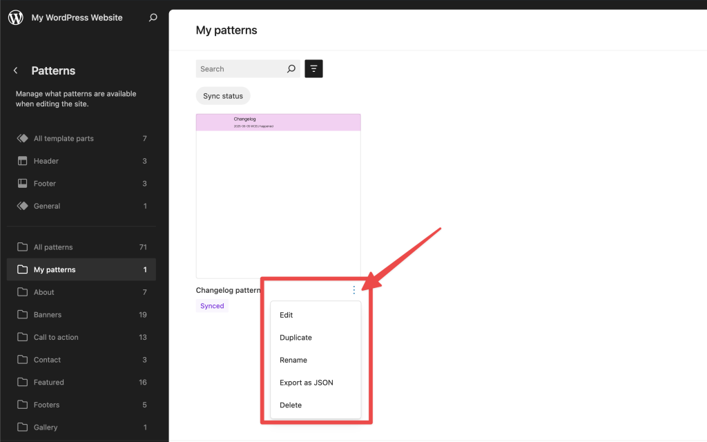 My patterns action menu