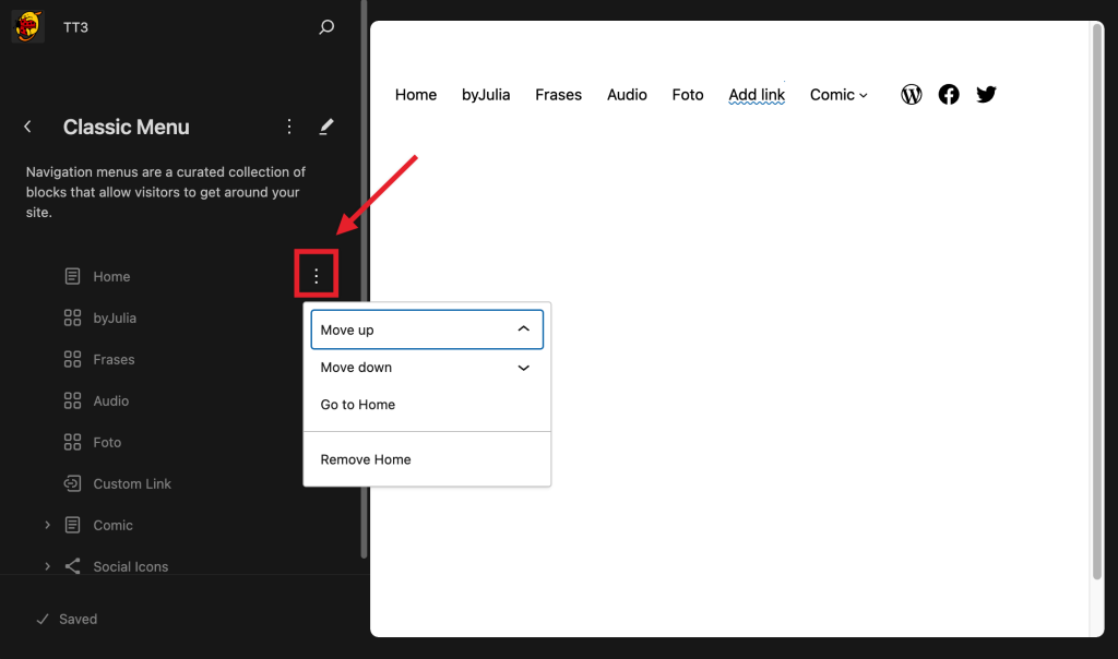 How to access the Move, Delete and Go to options for individual menu items in the Site Editor Navigation.