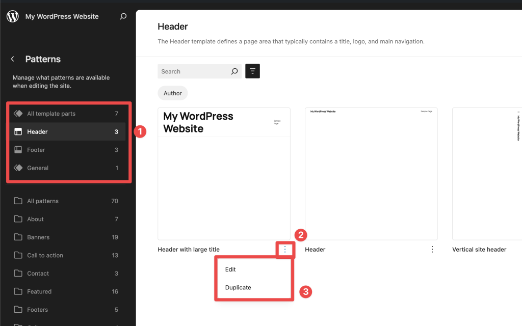 Template parts and their option
