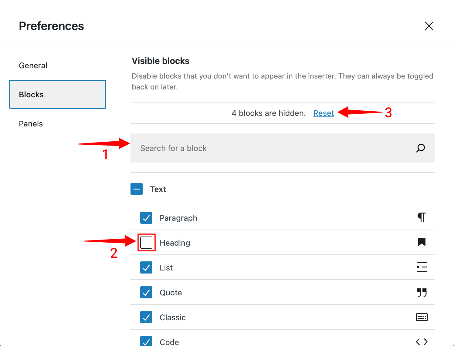 Blocks tab & reset Button in the Preferences in WordPress Block Editor