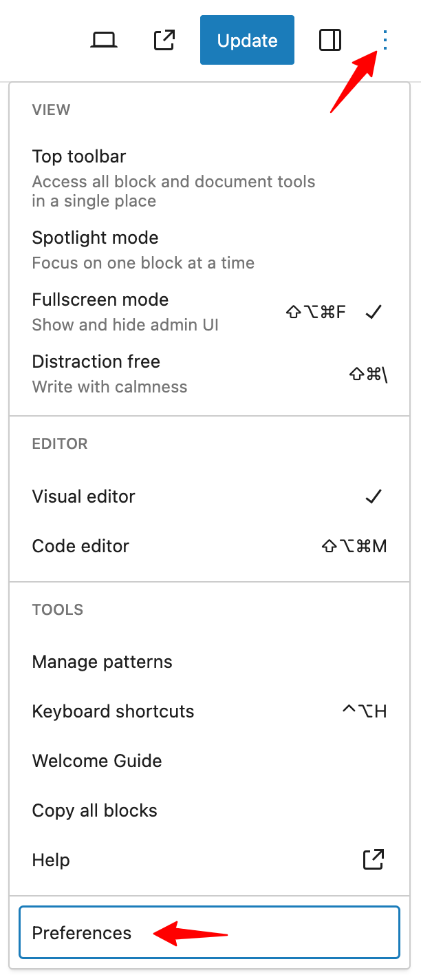 Image showing the three dot menu > Preferences