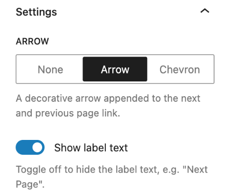 Pagination block settings with the option to show or hide label text