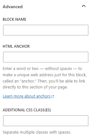 The advanced section on the gallery block's settings panel