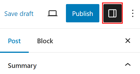Sidebar icon to display the Block settings
