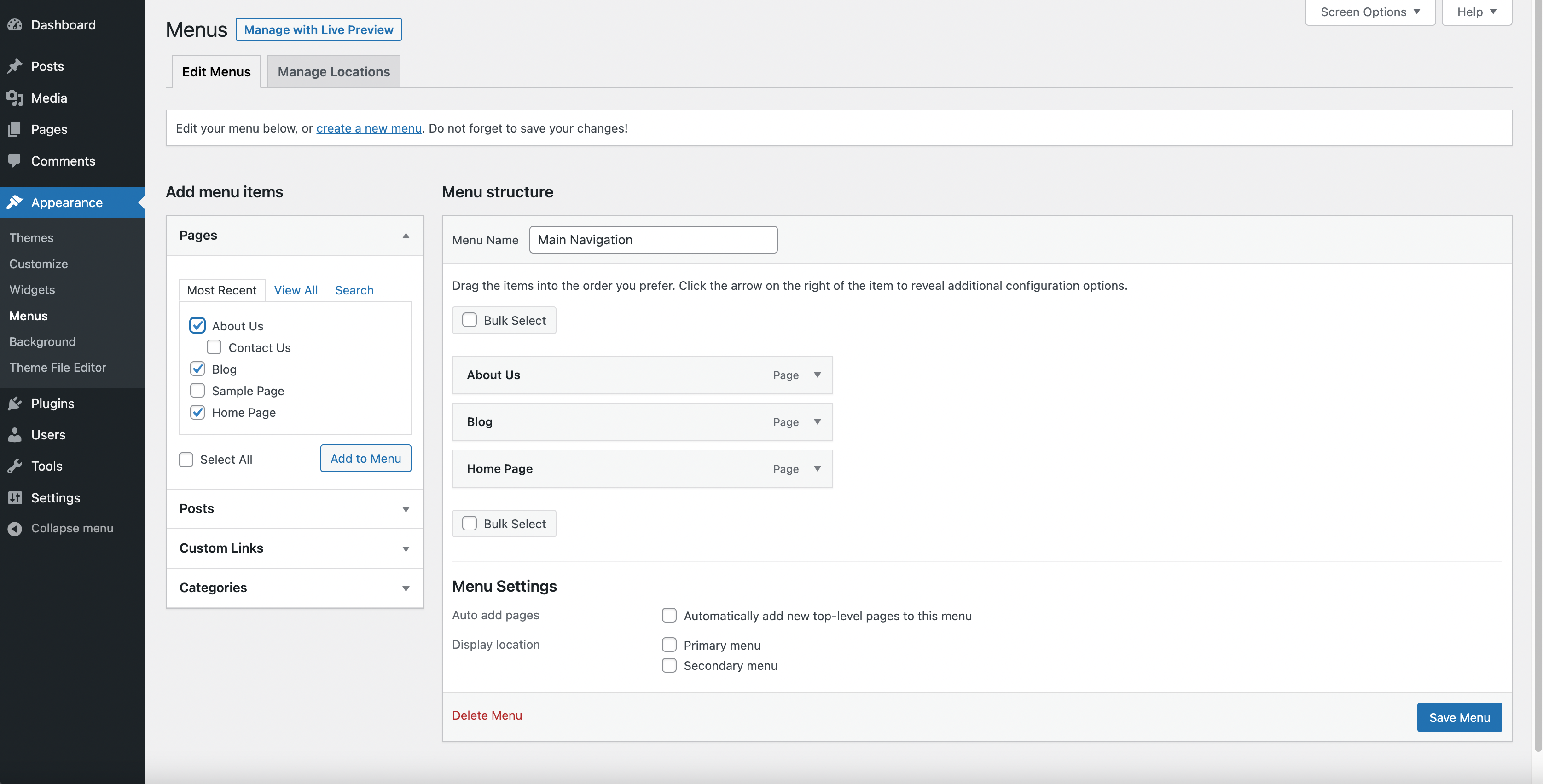Adding items to a menu