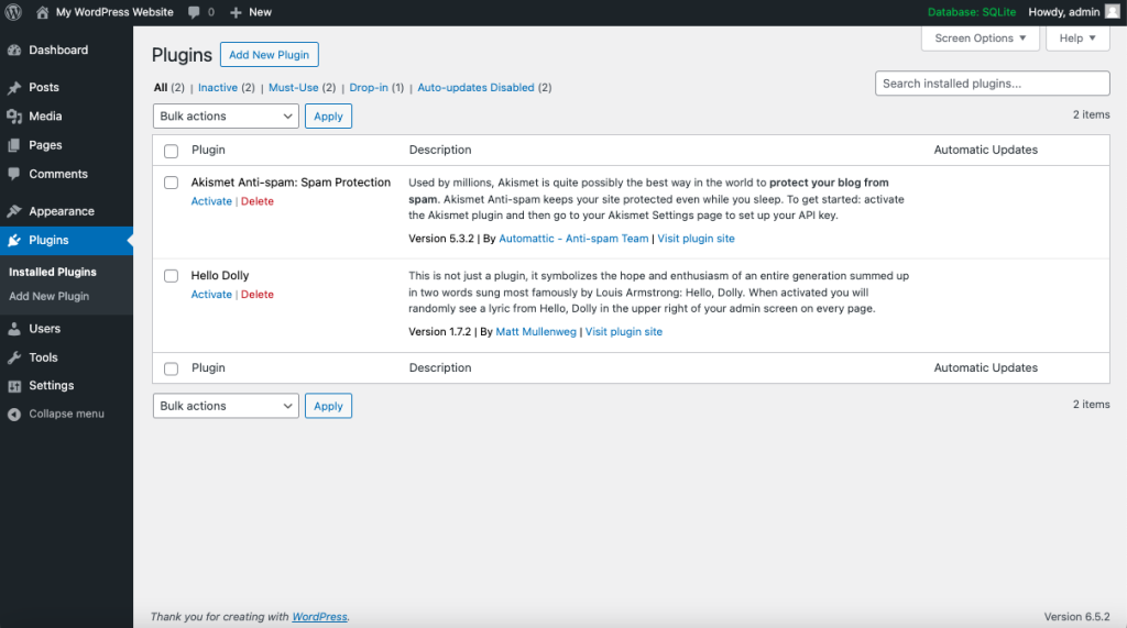 Plugins screen with two inactive default plugins.