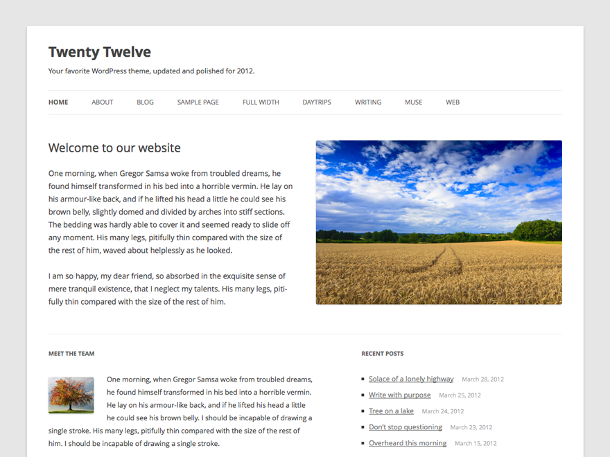 Screenshot of Twenty Twelve with a light grey body background, white content background, and dark grey text.
The horizontal main menu is below the site title, and the content and footer is displayed in two columns.