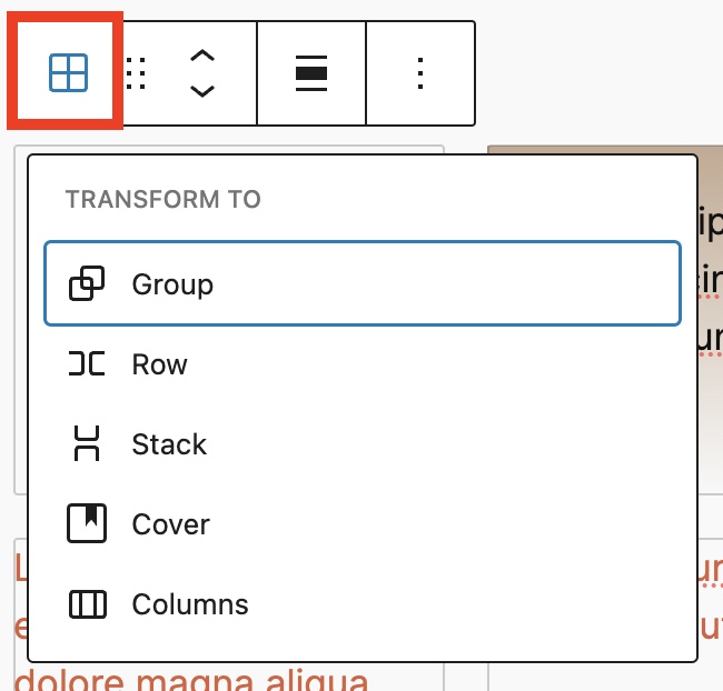 Grid block Toolbar - Transform to button