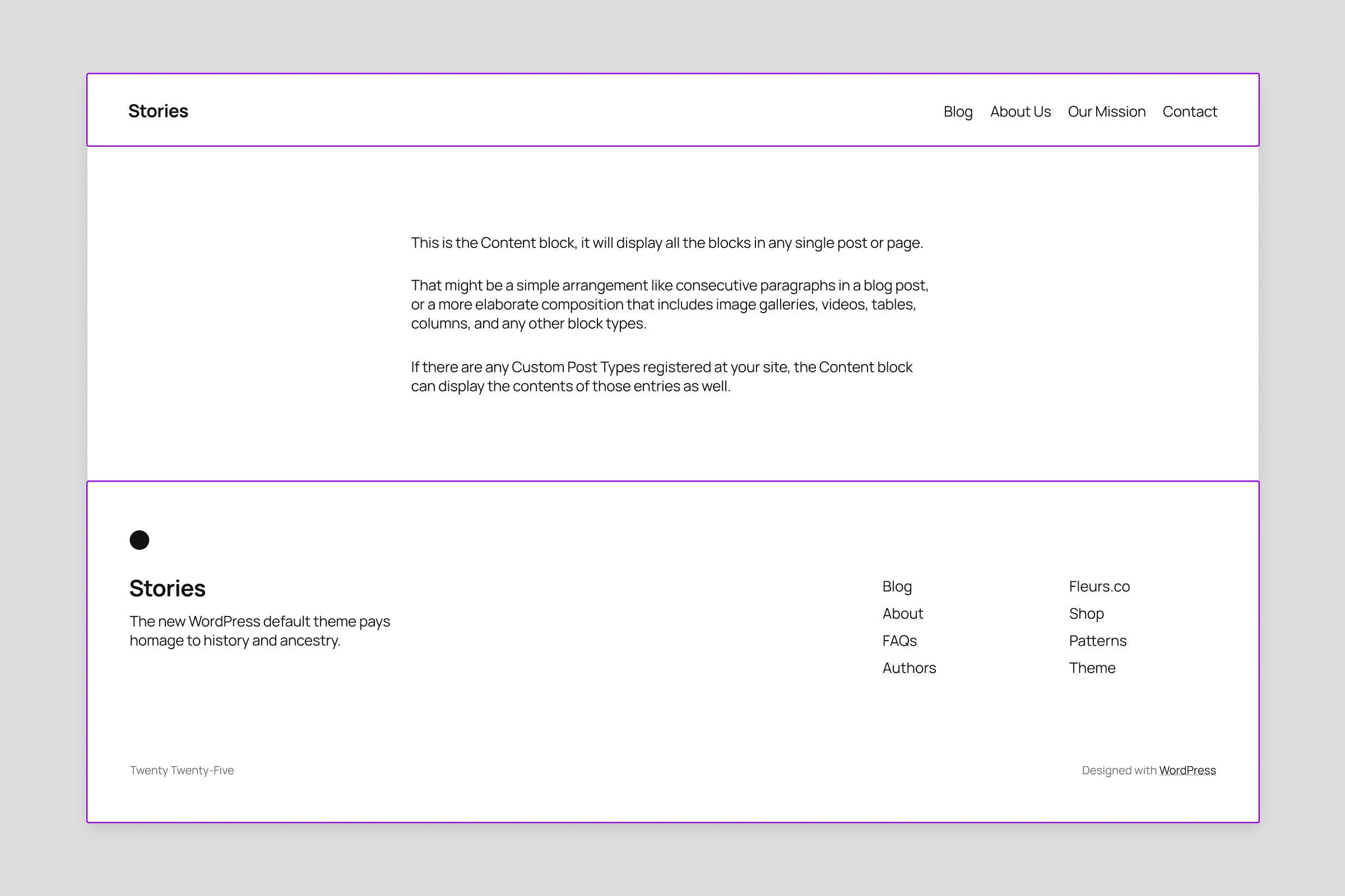 Preview of the "Page no title" template in Twenty Twenty-Five.
